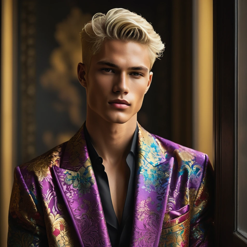 Candid Vogue fashion editorial photo of 2man, featuring a mixed male supermodel, aged 23 angel face like with an attractive and charming presence, short platinum blonde hair in an undercut hairstyle, masculine appearance with slender physique, small pectorals, symmetric face, natural olive skin tone exudes youthfulness and athleticism, he is very photogenic man, Position him against an ornate dark background featuring a framed floral painting to add depth and richness to the scene, (He wears an open luxurious white and rainbow patterned suit whit short pants), revealing a hint of his semi hard bulge, His expression is serene and slightly introspective, with a soft, confident gaze directed slightly off-camera, Utilize natural soft lighting streaming in from a window, casting gentle highlights and shadows that accentuate the contours of his face and the texture of his robe, The light creates a warm intimate atmosphere with a golden tone that enhances his skin and the robe, The interplay of light and shadow adds depth and dimension to the scene, slightly blurred focus background, bringing him into sharp clear detail while the rich tones of the background enhance the overall opulence of the image. Capture full-body short, dynamic angle, using a Canon EOS R7 and Sigma AF 85mm F1.4 EX DG HSM lens by Thomas Synnamon, Employ a shallow depth of field to focus closely on his face and body while softly blurring the background, Draw inspiration from high-fashion photographer, emphasize detail, texture and a sophisticated luxurious atmosphere, Emphasize the golden warm lighting and its effect on enhancing his features and the robe's rich textures, creating a visually captivating and elegant portrait that exudes warmth and sophistication, The overall mood blend the classical elegance of the modern, high-fashion aesthetic, producing an image that feels both timeless and contemporary, raw photo, masterpiece, best quality, Correct body structure, Correct photo distance, LGBTQ,