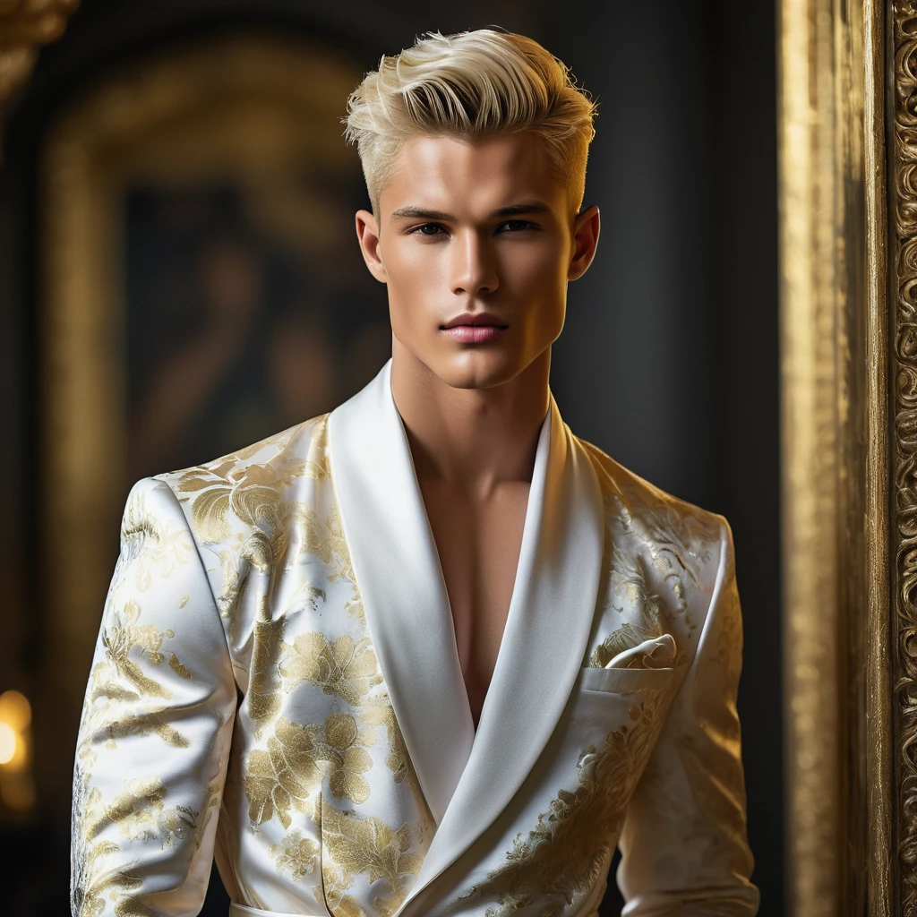 Candid Vogue fashion editorial photo of 2man, featuring a mixed male supermodel, aged 23 angel face like with an attractive and charming presence, short platinum blonde hair in an undercut hairstyle, masculine appearance with slender physique, small pectorals, symmetric face, natural olive skin tone exudes youthfulness and athleticism, he is very photogenic man, Position him against an ornate dark background featuring a framed floral painting to add depth and richness to the scene, (He wears an open luxurious white and rainbow patterned suit whit short pants), revealing a hint of his semi hard bulge, His expression is serene and slightly introspective, with a soft, confident gaze directed slightly off-camera, Utilize natural soft lighting streaming in from a window, casting gentle highlights and shadows that accentuate the contours of his face and the texture of his robe, The light creates a warm intimate atmosphere with a golden tone that enhances his skin and the robe, The interplay of light and shadow adds depth and dimension to the scene, slightly blurred focus background, bringing him into sharp clear detail while the rich tones of the background enhance the overall opulence of the image. Capture full-body short, dynamic angle, using a Canon EOS R7 and Sigma AF 85mm F1.4 EX DG HSM lens by Thomas Synnamon, Employ a shallow depth of field to focus closely on his face and body while softly blurring the background, Draw inspiration from high-fashion photographer, emphasize detail, texture and a sophisticated luxurious atmosphere, Emphasize the golden warm lighting and its effect on enhancing his features and the robe's rich textures, creating a visually captivating and elegant portrait that exudes warmth and sophistication, The overall mood blend the classical elegance of the modern, high-fashion aesthetic, producing an image that feels both timeless and contemporary, raw photo, masterpiece, best quality, Correct body structure, Correct photo distance, LGBTQ,