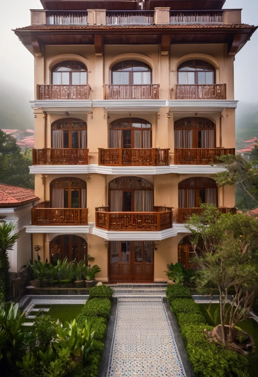 exterior of 5-storey hotel, ((12m frontage)), townhouse, tiled roof, Mediterranean style, foggy town background of Da Lat, impressive, impression, sharp and detailed, ((8k)), soothing and cozy landscape, peaceful wooden mansion, ((UHD)), 8k, high quality detail, super realistic attracted lighting