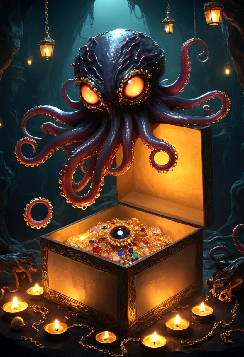 dark，fear，A strange, one-eyed, fanged, ugly monster in a box full of jewels，Long tentacles，Scattered jewelry,greedy