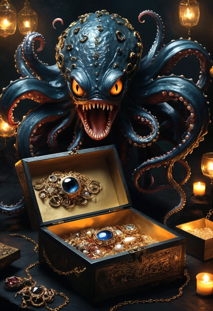 dark，fear，A strange, one-eyed, fanged, ugly monster in a box full of jewels，Long tentacles，Scattered jewelry,greedy