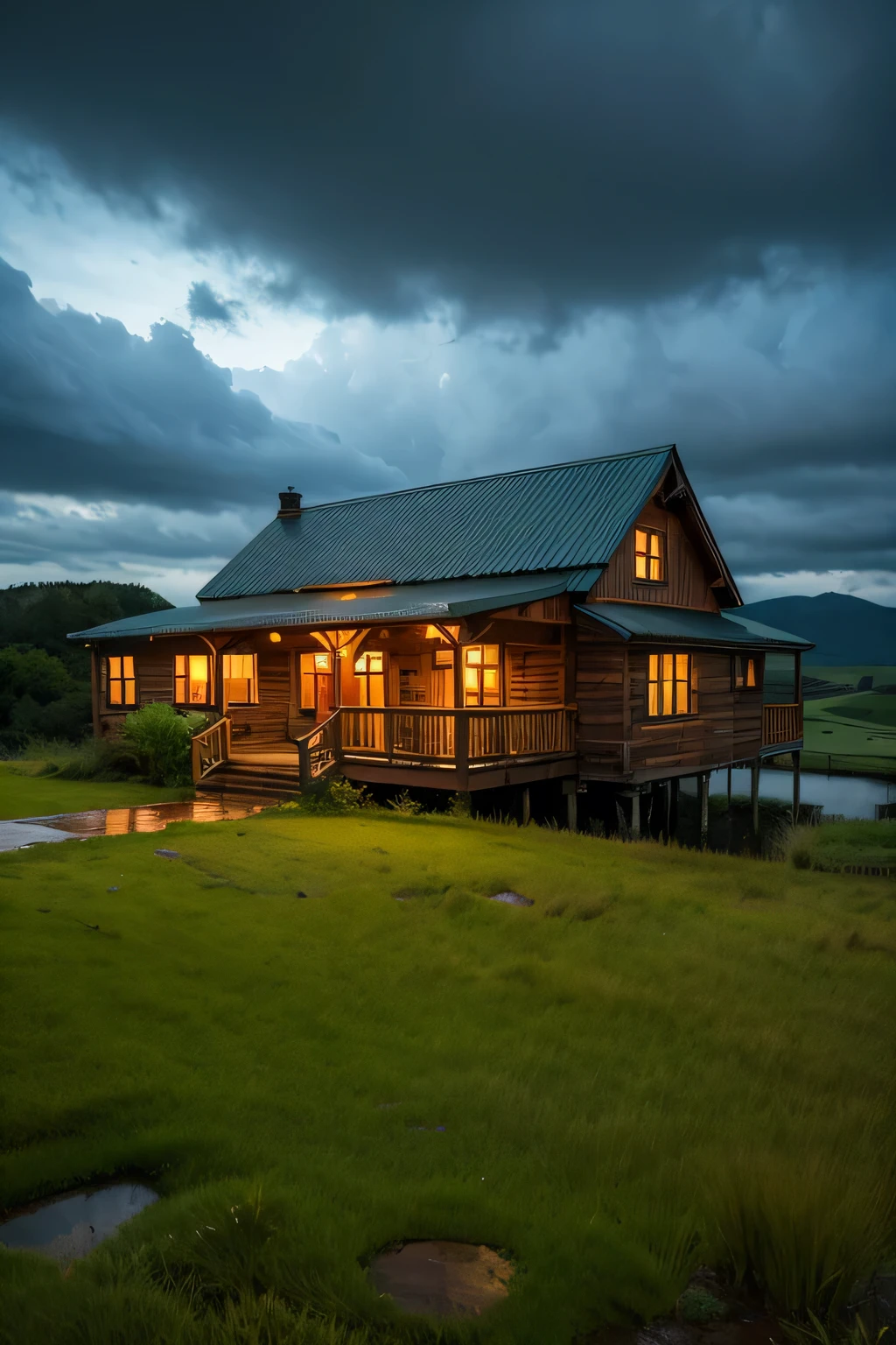 ((Highest quality)), ((masterpiece)),An atmospheric image of a rustic wooden house - set in the middle of a vast, rain-drenched grassland - dark, heavy clouds overhead - gloomy, mysterious ambiance - lush, wet, windswept grass - sense of isolation - weather-beaten resilience.