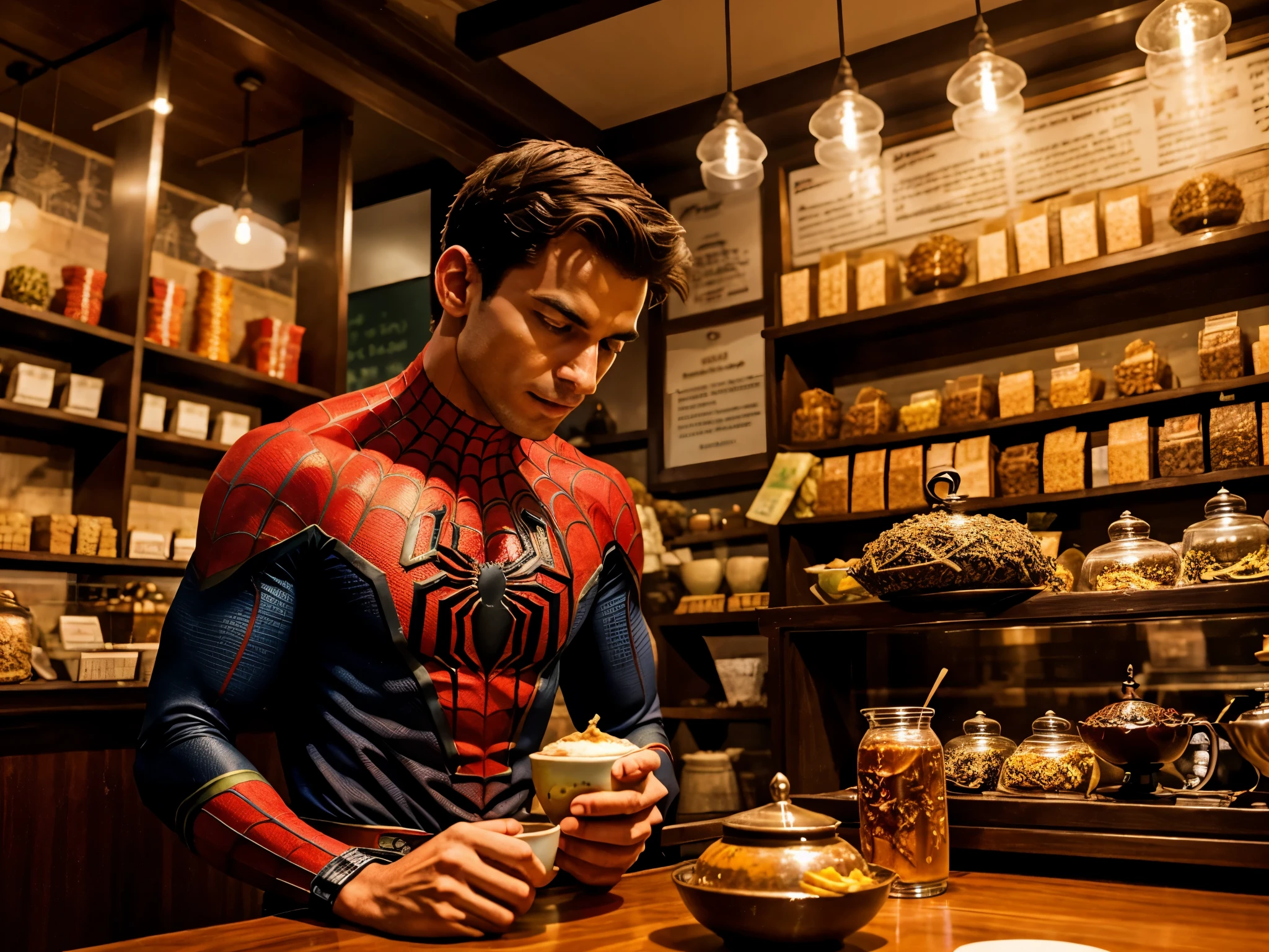 Spider-man eating tea and snacks in local India tea shop