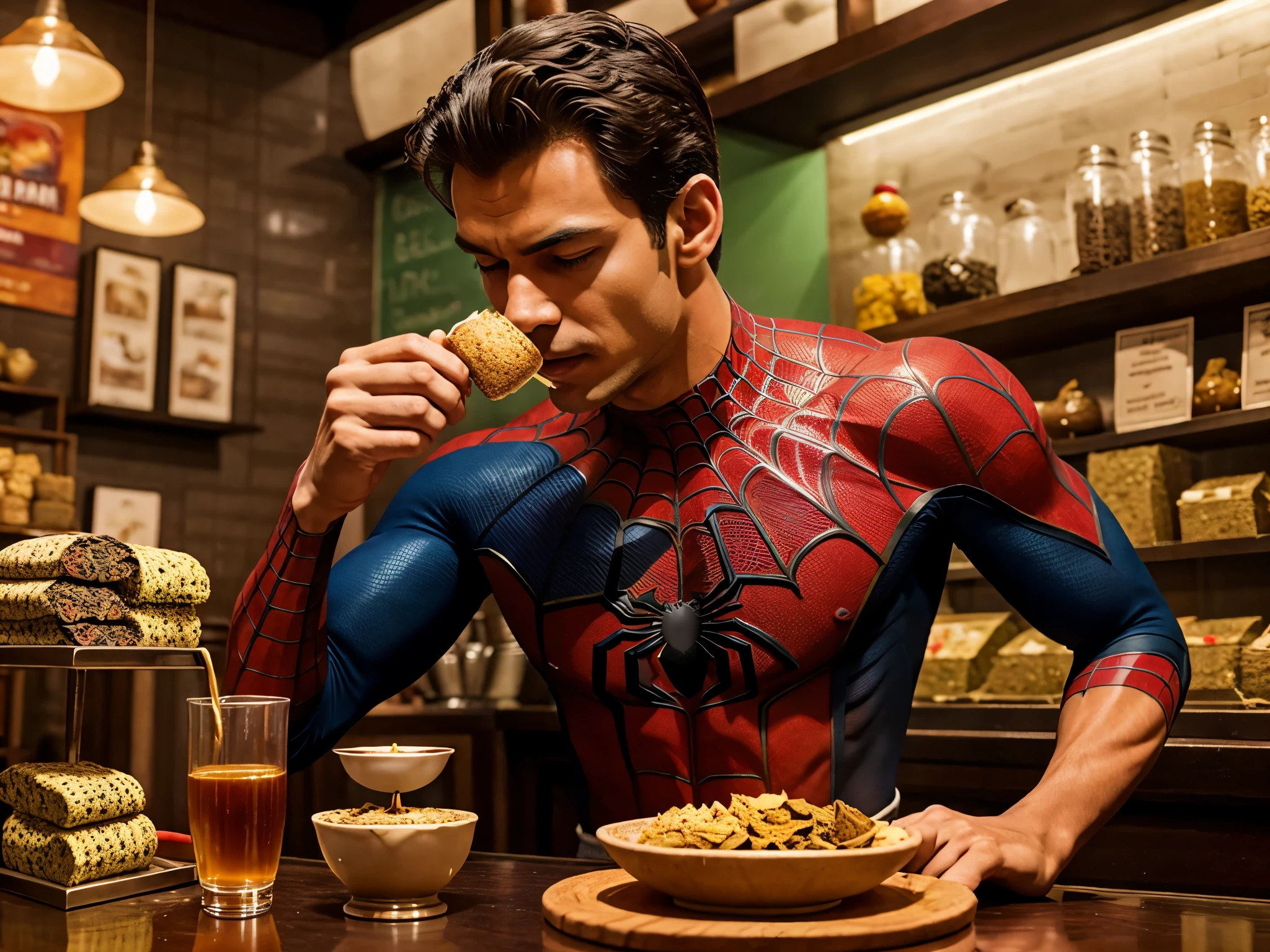 Spider-man eating tea and snacks in local India tea shop