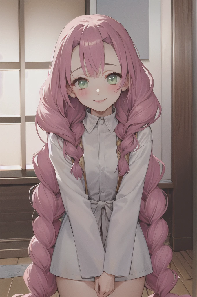 masterpiece, best quality, ultra-detailed, Potrait of beautiful MitsuruDS, solo, smile, looking_at_viewer, blush, closed_mouth, portrait, volumetric lighting, best quality, masterpiece, intricate details, tonemapping, sharp focus, hyper detailed, trending on Artstation, twin braids, pink hair, green hair, thick thighs, thin waist,hot spring,night time ,water droplets in her body,facing camera 