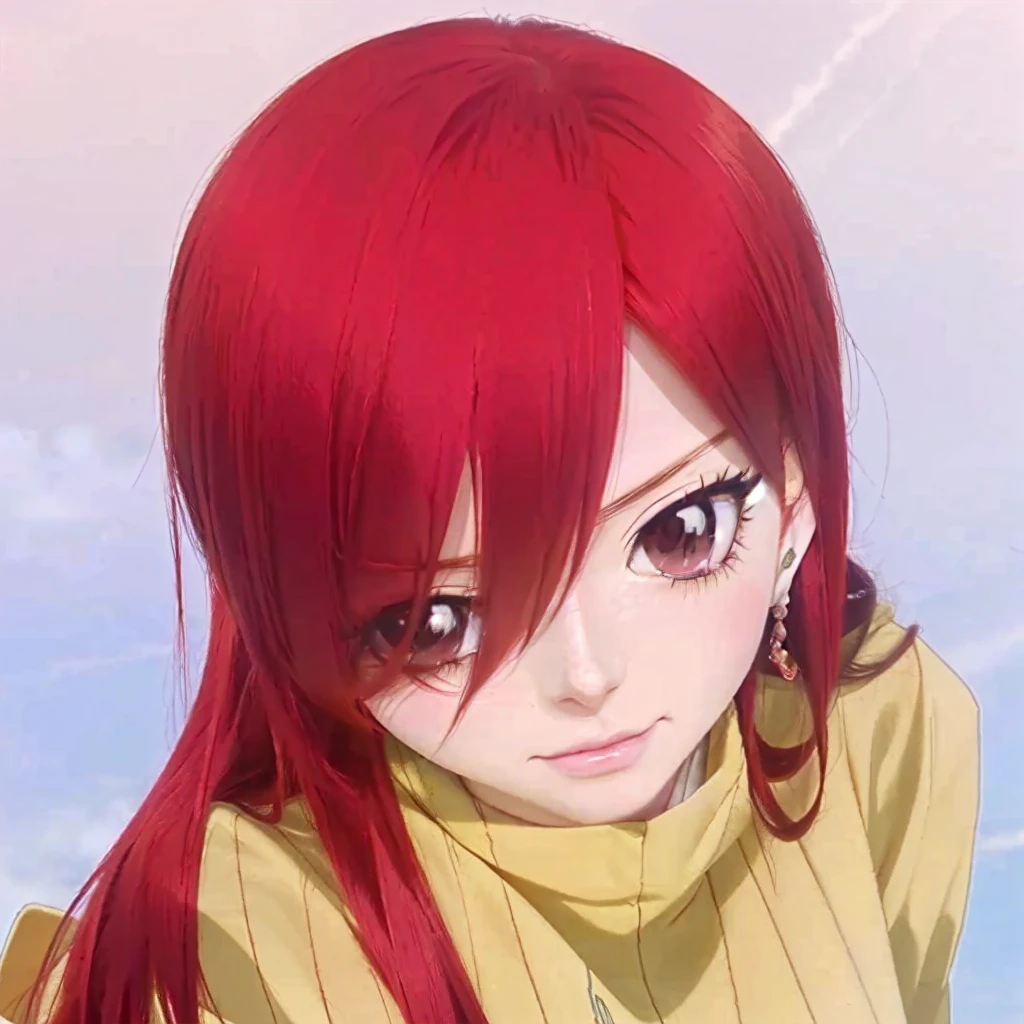 anime girl with red hair and a yellow shirt, erza scarlet as a real person, anime girl named lucy, she has red hair, anime style”, with red hair, female anime character, she has long redorange hair, sakimi chan, (anime girl), with long red hair, anime character, pretty anime girl, red hair girl, as an anime character