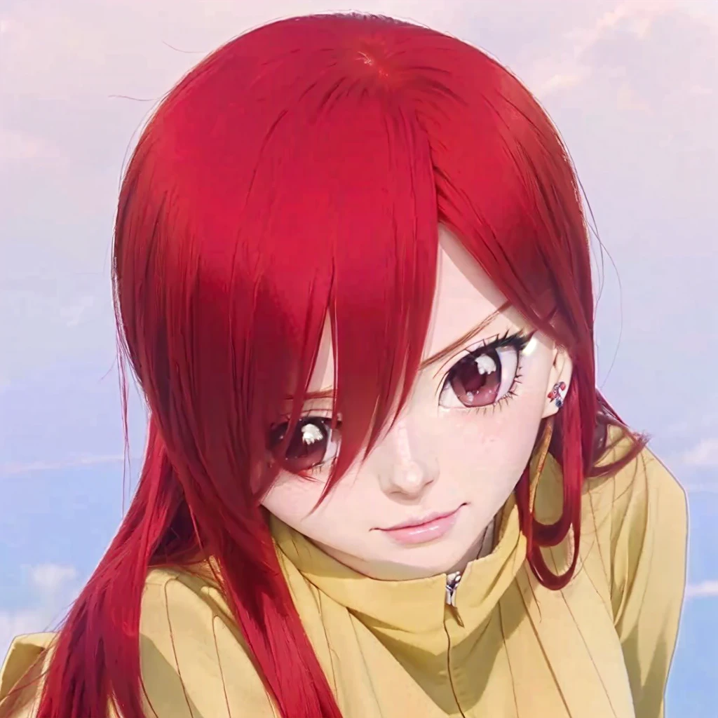 anime girl with red hair and a yellow shirt, erza scarlet as a real person, anime girl named lucy, she has red hair, anime style”, with red hair, female anime character, she has long redorange hair, sakimi chan, (anime girl), with long red hair, anime character, pretty anime girl, red hair girl, as an anime character