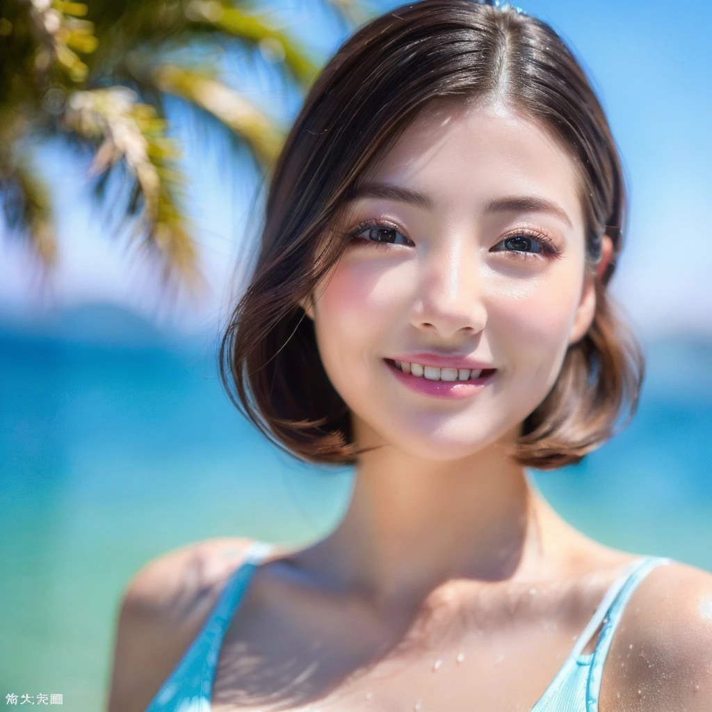 (8K, Original photo, Highest quality, masterpiece: 1.45)、(Very delicate)、(Only 1 person:1.3)、(Japanese Idol:1.5)、Very realistic skin、(Surreal:1.5)、Nogizaka Idol、(Spreading her legs:1.3)、Shortcuts、Sexy Swimsuit、Big eyes、Beautiful double eyes、Long eyelashes、smile、Shortcuts、Seascape、Realistic sweaty skin texture、Realistic shadows