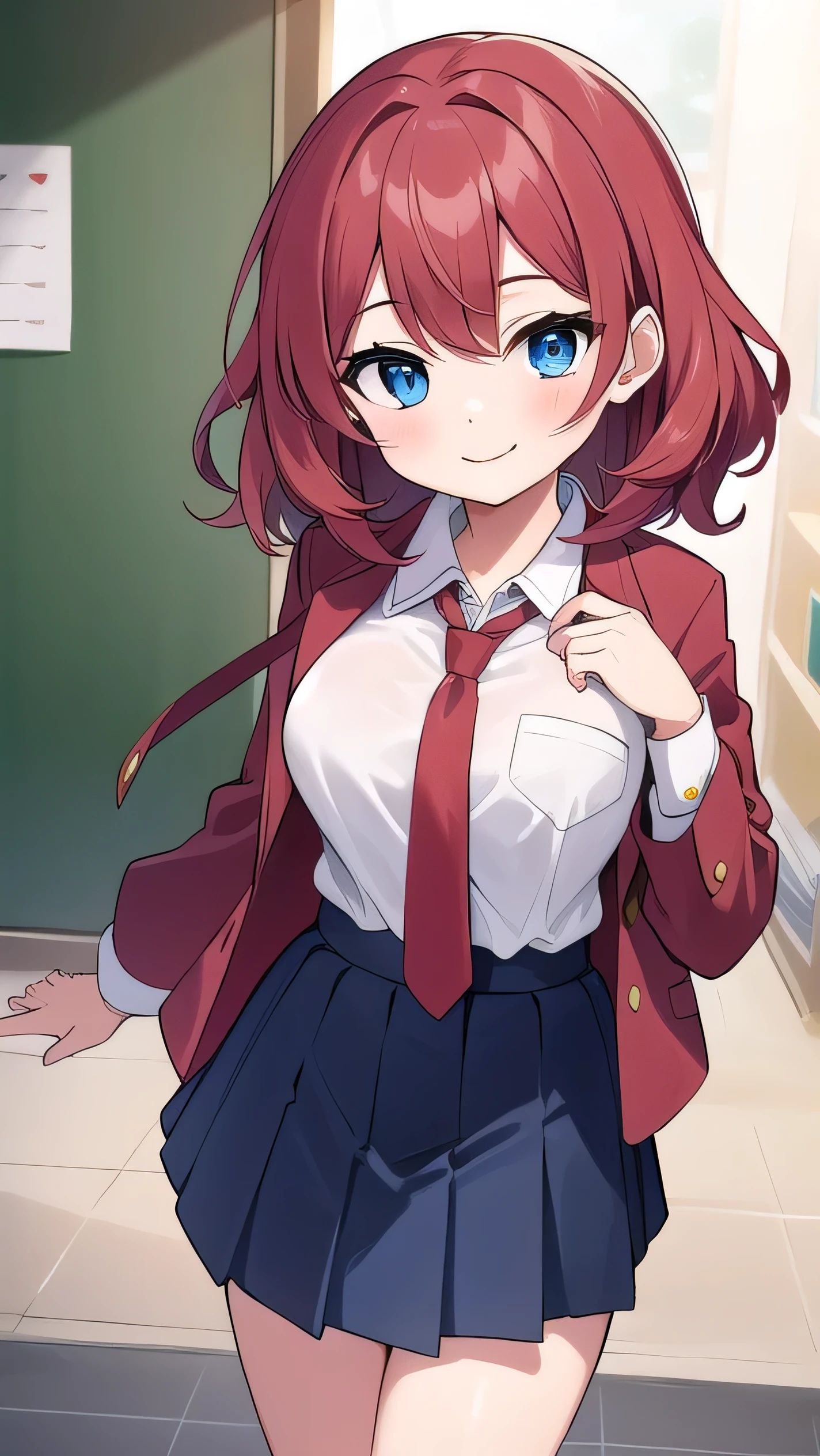 Big breasts, red hair, blue eyes, droopy eyes, red jacket, long sleeves, navy skirt, elementary school student, super big breasts, (medium hair: 1.2), baggy clothes, elementary school student, young face, short height, , old, shy A shy guy, smiling a little, trying to open the buttons of his shirt, white shirt, red tie，straight hair , gentle smile, a little smile