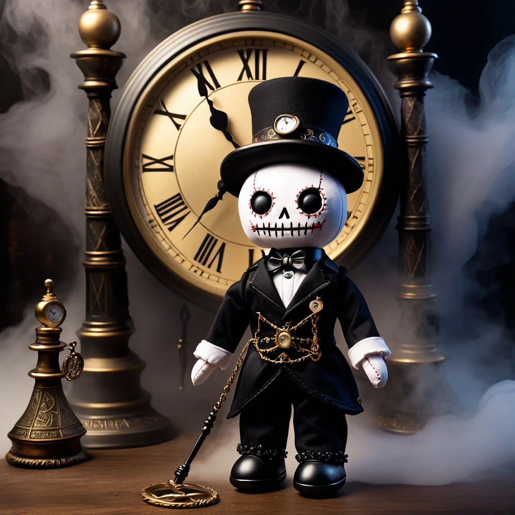 (knitted toy voodoo doll:1.8), (Dark Tower Clock Voodoo:1.3), (clothes Black uniform with silver buttons, high top hat:1.0), (gold pocket watch with black chain, guard staff:1.1) (in the background Dark Tower with a clock showing midnight, surrounded by swirling fog:1.3), best quality, masterpiece, detailed soft oil painting, detailed background, dramatic cinematic lighting, soft edge lighting, professional, dramatic lighting, hard edge lighting, ultra quality, 4k, masterpiece, best quality, 8k, ultra high definition, high resolution, extremely detailed
