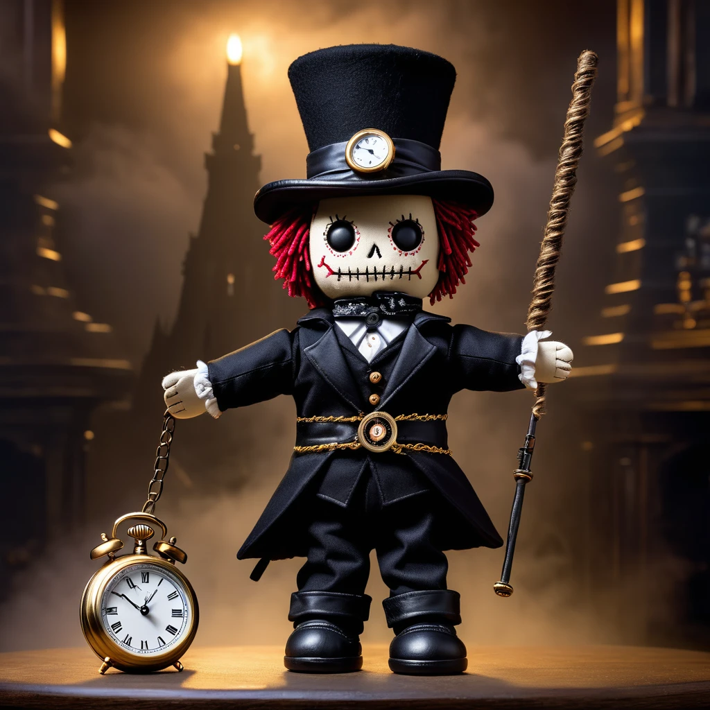 (knitted toy voodoo doll:1.8), (Dark Tower Clock Voodoo:1.3), (clothes Black uniform with silver buttons, high top hat:1.0), (gold pocket watch with black chain, guard staff:1.1) (in the background Dark Tower with a clock showing midnight, surrounded by swirling fog:1.3), best quality, masterpiece, detailed soft oil painting, detailed background, dramatic cinematic lighting, soft edge lighting, professional, dramatic lighting, hard edge lighting, ultra quality, 4k, masterpiece, best quality, 8k, ultra high definition, high resolution, extremely detailed