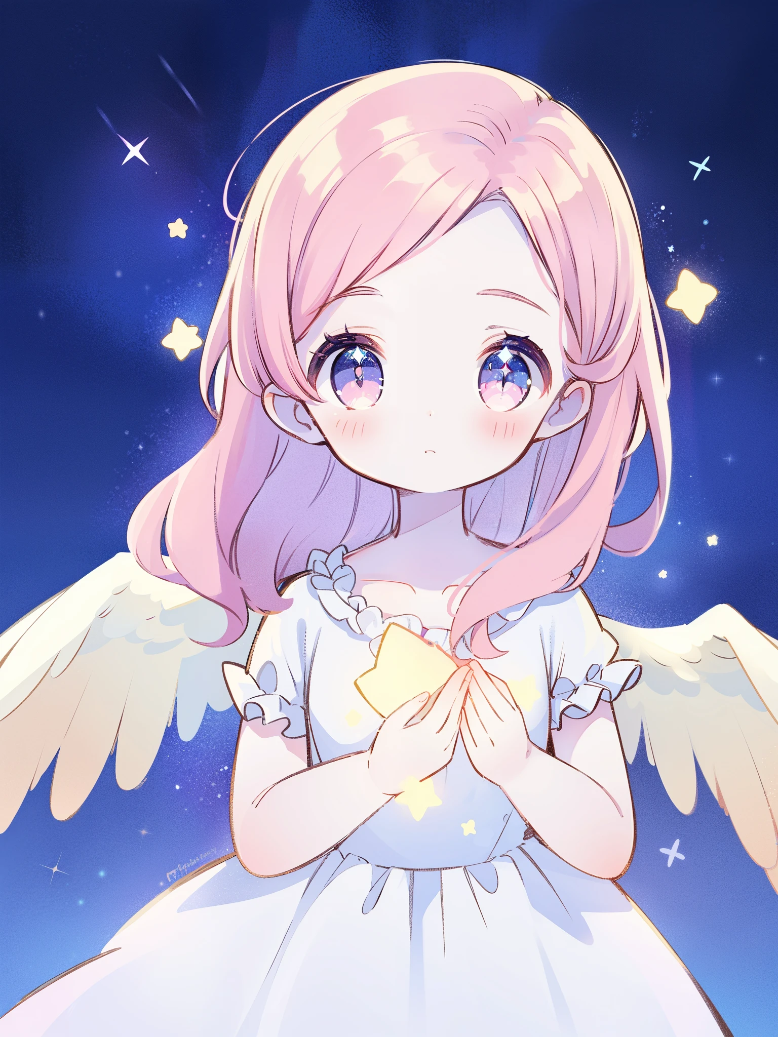 angel girl wearing an ethereal translucent dress, pale skin and light pink hair, white feathers, angel wings, sparkling detailed eyes, golden ratio face, perfect composition, highly detailed, ethereal, (starry night sky background), midjourney style