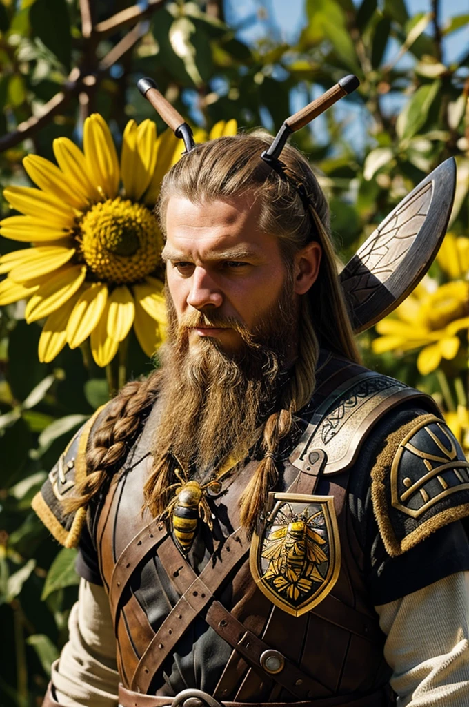 A bee with a Viking badge
