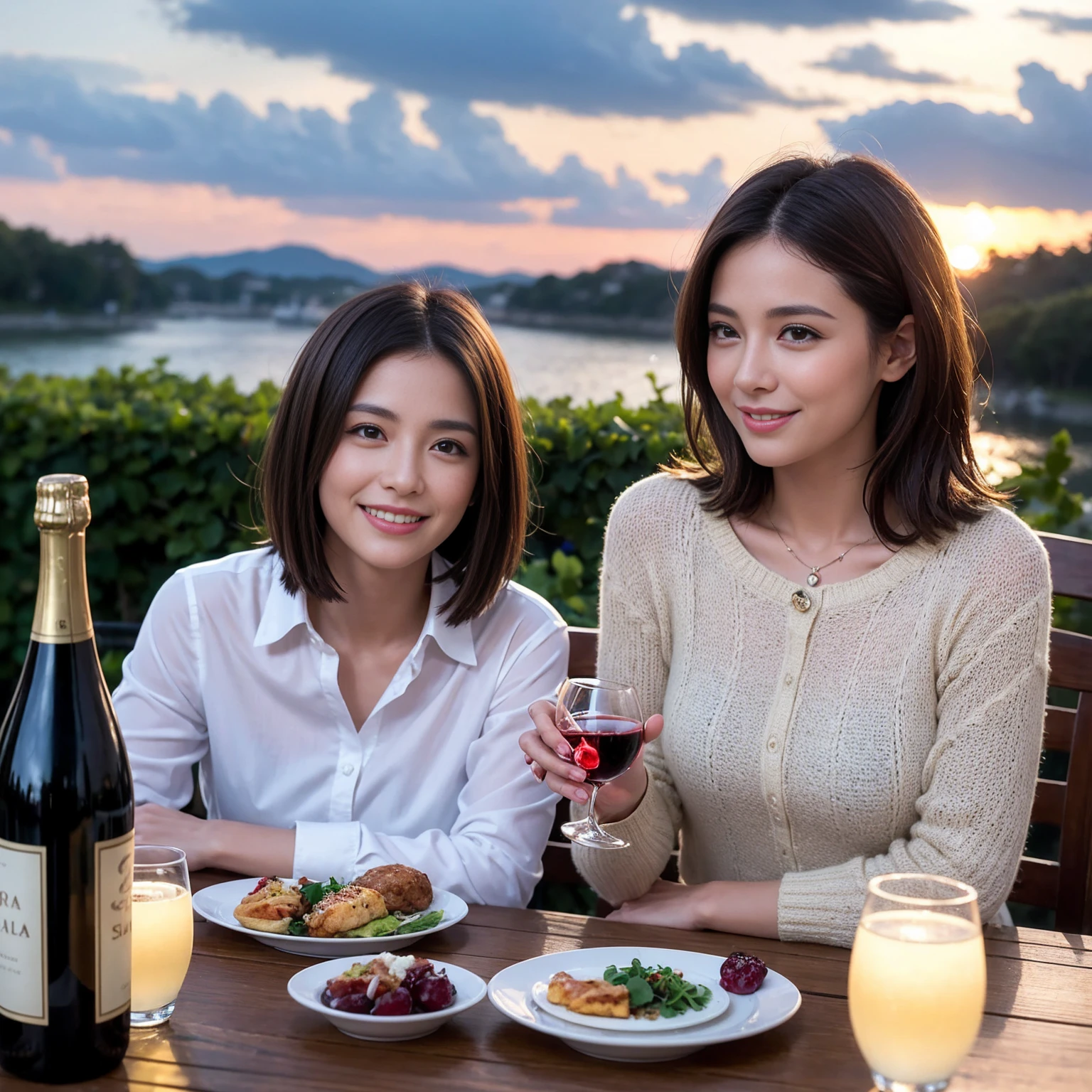 ((Highest quality、8K、masterpiece:1.3))、 (Ultra-realistic、 Genuine、Bright image、Intricate details:1.2), 最高のsmile、1 male、1 female、Beautiful couple、love love love、spouse、spouse、Good friends、actress couple、smile、Full-course dinner at a packed table、 (Slim face), (the body is slim), (Brown Hair), (short hair), テーブルのwine glass、Please shine a light on my face、 Amazing view of the sunset sky and clouds、2 years old 39 years old, red wine 、Appetizers、Wine bottle、sparkling wine、Long sleeve shirt、dress、White wine, red wine, wine glass,
