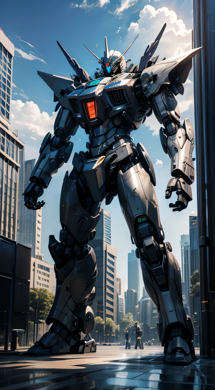 null, cloud, Holding_arms, no_human, Shine, , robot, building, Shine_eye, Mecha, science_fiction, city, Realistic,Mecha