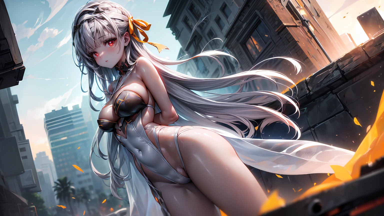 ((((Obra maestra, La mejor calidad, ultrahigh resolution)))), 1girl, standing, (cute maid costume), ((long pure silver hair and grey mesh hair, hair over eye)), long hair cut, pale skin, ((red eyes)), glowing_eyes, neon eyes, (ultra detailed eyes:0.7, beautiful and detailed face, detailed eyes:0.9), ((centered)), smile, ((wide shot)), facing viewer, ((vibrant background, bright lighting, summer, sunlight)), flat chested, looking at viewer, ((half closed eyes)), ((perfect hands)), (((head:1, arms, hips in view, elbows, arms, legs, in view))), ((hands behind back)), empty eyes, beautiful lighting, ((outside, outdoors)), defined subject, head tilt, (((gritty)), ((creepy)), ((cool)), ((beautiful)), (((SFW)))