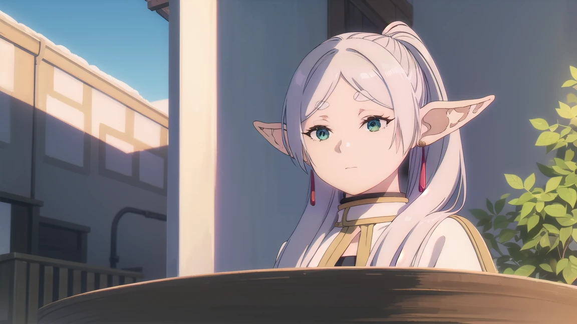 to freeze, to freeze, long hair, ponytail, (green eyes:1.5), White hair, pointed ears, elf,
BREAK shirt, long sleeves, jewelry, Tights, earrings, striped, black Tights, lure, striped shirt,
BREAK looking at viewer, upper body, whole body,
BREAK outdoors, sky, nature,
BREAK (masterpiece:1.2), Best quality, A high resolution, unity 8k wallpaper, (illustration:0.8), (beautiful detailed eyes:1.6), very detailed face, perfect lighting, extremely detailed computer graphics, (perfect hands, Ideal Anatomy),