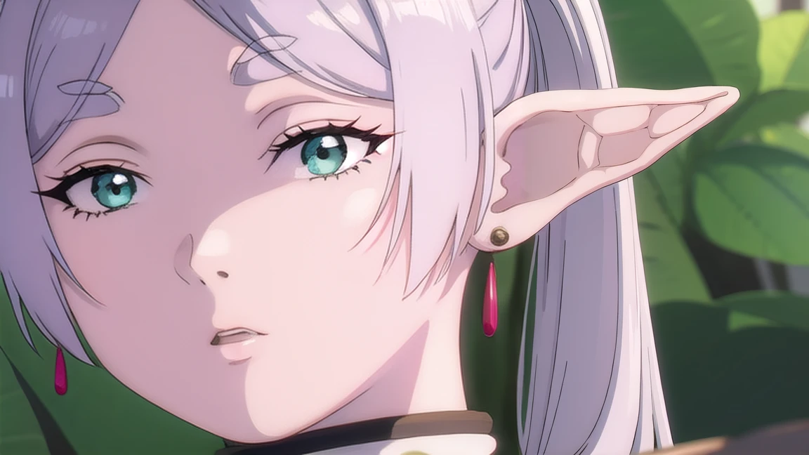 to freeze, to freeze, long hair, ponytail, (green eyes:1.5), White hair, pointed ears, elf,
BREAK shirt, long sleeves, jewelry, Tights, earrings, striped, black Tights, lure, striped shirt,
BREAK looking at viewer, upper body, whole body,
BREAK outdoors, sky, nature,
BREAK (masterpiece:1.2), Best quality, A high resolution, unity 8k wallpaper, (illustration:0.8), (beautiful detailed eyes:1.6), very detailed face, perfect lighting, extremely detailed computer graphics, (perfect hands, Ideal ),