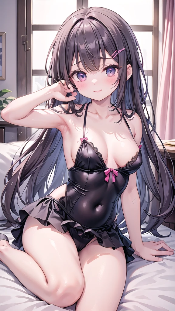anime girl in lingerie laying on bed with her hands on her head, oppai, seductive anime girl, thicc, hanayamata, [ 4 k digital art ]!!, oppai proportions, , beautiful alluring anime woman, ecchi, with large breasts, big breasts!!, with a large breasts, big breasts! 1 wife belldandy nubile juvenile junior idol bookworm girl wearing hairclip cute lovable adorable tiny youthful innocent perky zellweger portman face middle-school girl energetic, loose hair, shy smile, exposed supple budding breast, unique face, blacke hair, jav actress, naked, immature, childish, acting super shy, delicate, weak, loving romantic vibes, in love, small short height, preparing for mating, dwarf girl noble queen short slim legs, mischievous, soft babyfaced gentle happy looking face, carefree, unblemished skin, otaku student president, grin, braids hairstyle, naughty, teasing, awkward short girl, pitite lityle dainty diminutive, shougakusei shoujo, excited, hyperactive girl, skirt, small shoulders, slim arms, acting spoiled, sch0olgirl bangs, small breasts,  fashion trendy beautiful beautiful beautiful girl, gentle and attractive beautiful girl, 10 years oldnd sexy collarbone, Attractive oval face, double eyelids, smart peach blossom eyes, pink lips, small nose, bare shoulders, ultra high definition, super detail, fresh and impressive, spreading smooth slim legs, ballerina body, plain girl bikini top, buxom body, portrait picture looking at camera, backless evening gown and high heels, spaghetti strap top, milky white breasts, song hyekyo, provocative smile