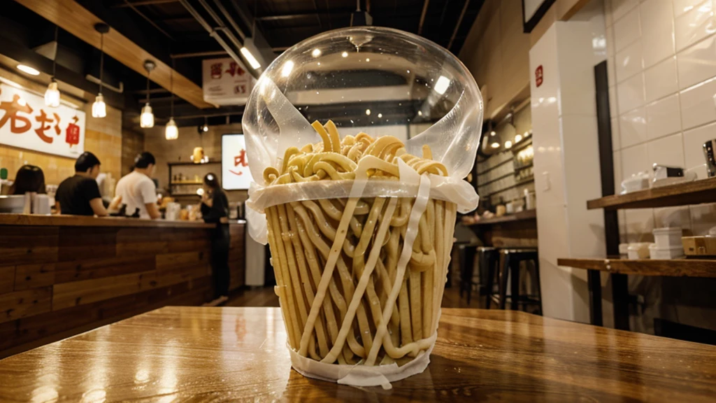a noodle shop that serves noodles in a cone made out of bubble wrap