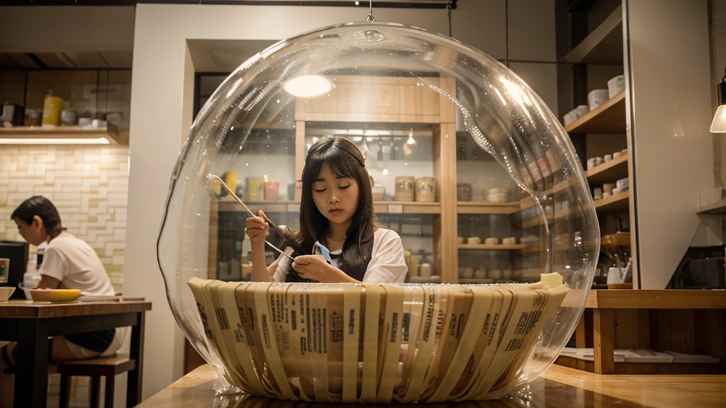 a noodle shop that serves noodles in a cone made out of bubble wrap