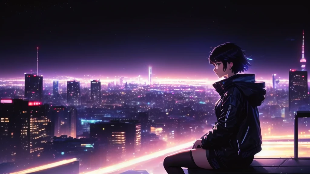 A woman sitting on a bench looking at the night city, Tokyo Anime Scene, Landscapes by Ilya Kuvshinov, Makoto Shinkai Cyril Rolland, Overlooking the modern city, Cyberpunk anime art, anime cyberpunk art, Tokyo Cyberpunk Night on the Roof, Digital Cyberpunk - Anime Art, In the style of Makoto Shinkai, Makoto Shinkai style