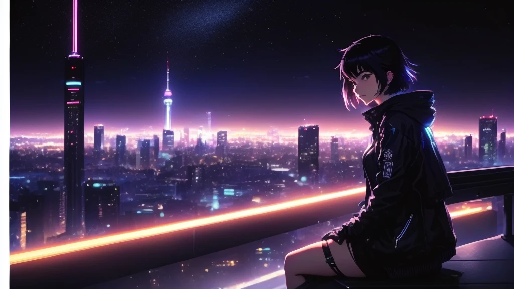 A woman sitting on a bench looking at the night city, Tokyo Anime Scene, Landscapes by Ilya Kuvshinov, Makoto Shinkai Cyril Rolland, Overlooking the modern city, Cyberpunk anime art, anime cyberpunk art, Tokyo Cyberpunk Night on the Roof, Digital Cyberpunk - Anime Art, In the style of Makoto Shinkai, Makoto Shinkai style