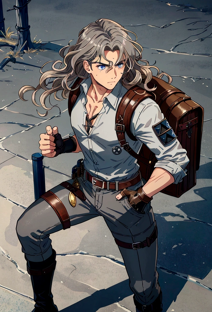 ((Highest quality)), ((masterpiece)), (detailed):  28 years old, Light brown wavy hair, Blue-gray eyes, Athletic build, Serious look with battle scars, Wears light leather armor inscribed with silver runes, Grey linen shirt, dark pants, high heel leather boots, Fingerless gloves, Talisman, Worn leather backpack, A look of determination, Ready for action.

