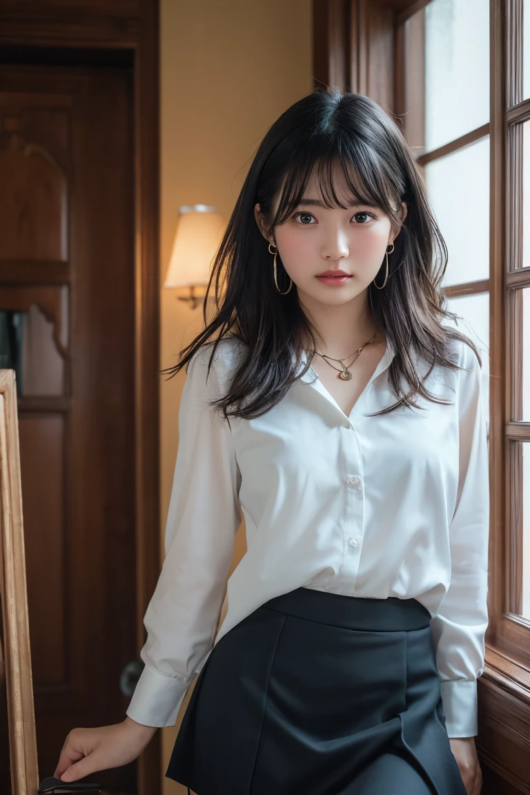 (Highest quality:1.4),(masterpiece:1.4),(Realistic:1.4),(Realistic:1.2),(超High resolution, RAW Photos:1.4),(High resolution, Ultra-detailed:1.2),(8K:1.2),View your viewers,Cinematic photography,One girl,skeletally correct,Black Hair Girl,(Small earrings,necklace,White blouse,mini skirt,View from the front),(Western-style building interior,Dimly lit room,The lamplight shines on my cheeks)