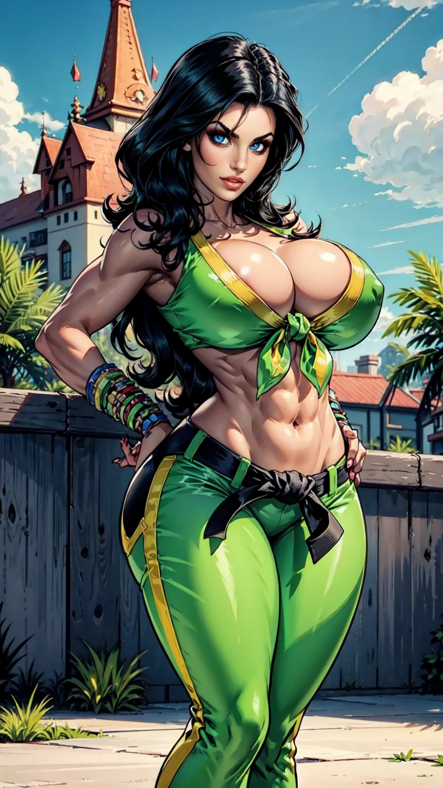 laura_matsuda_aiwaifu,dark_skin,large breasts,dark-skinned_female,pants,green_bikini,green_pants,wavy_hair, big breasts,collarbone,long_hair,black_hair,brown_eyes,cleavage,asymmetrical_hair,front-tie_top,large_breasts,navel,bracelet,midriff,lips,makeup,jewelry,lipstick,wristband,front-tie_bikini,belt,abs,crop_top,tied_shirt,toeless_legwear,bangle,thighs,swimsuit,stirrup_legwear,thick_thighs,bare_shoulders,covered_nipples,shirt,electricity,muscular,muscular_female, xstandign in the park