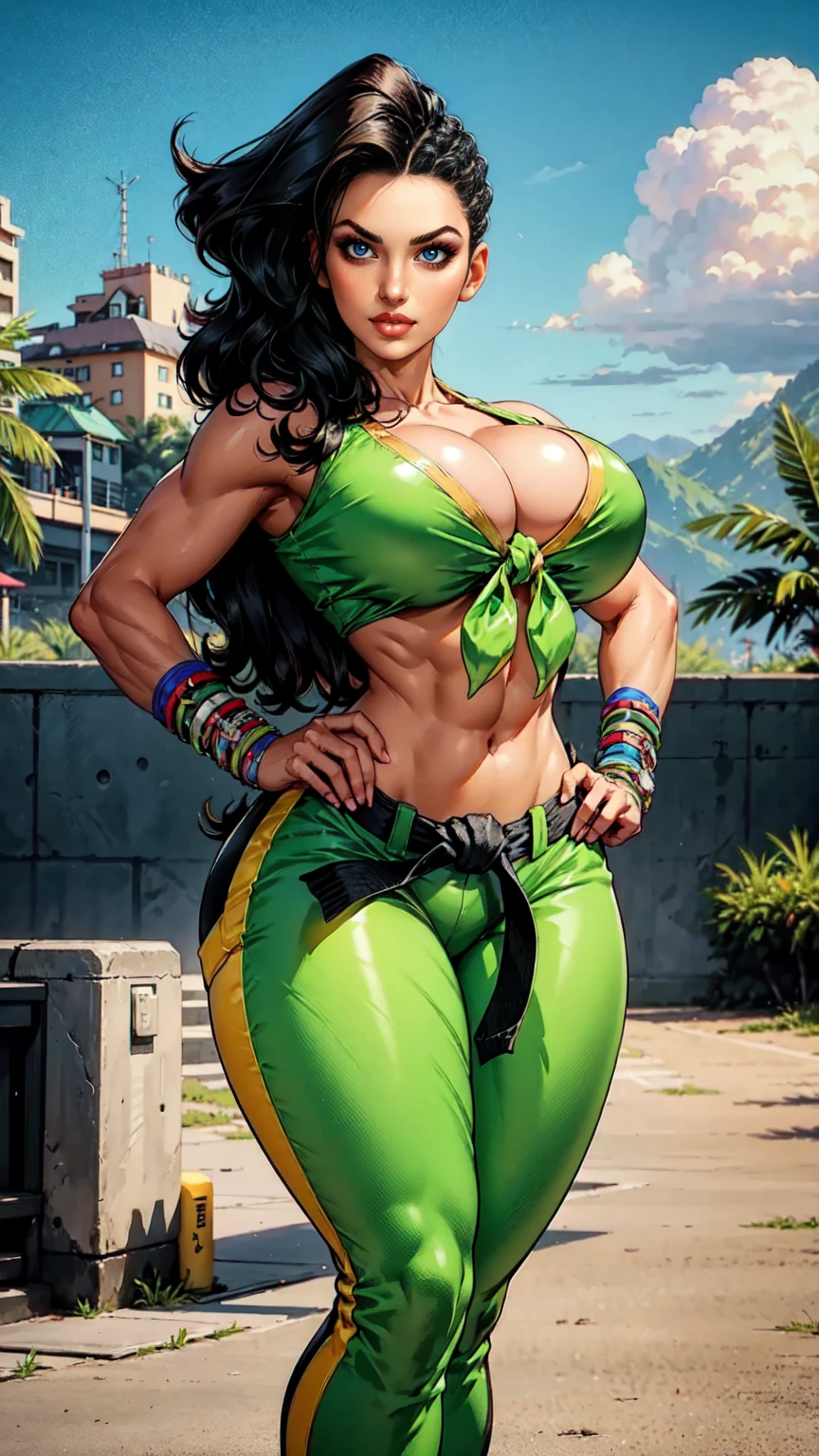 laura_matsuda_aiwaifu,dark_skin,large breasts,dark-skinned_female,pants,green_bikini,green_pants,wavy_hair, big breasts,collarbone,long_hair,black_hair,brown_eyes,cleavage,asymmetrical_hair,front-tie_top,large_breasts,navel,bracelet,midriff,lips,makeup,jewelry,lipstick,wristband,front-tie_bikini,belt,abs,crop_top,tied_shirt,toeless_legwear,bangle,thighs,swimsuit,stirrup_legwear,thick_thighs,bare_shoulders,covered_nipples,shirt,electricity,muscular,muscular_female, xstandign in the park