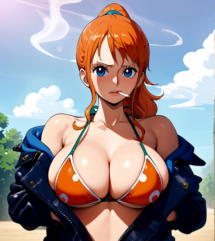 a cartoon picture of a woman in a ?????? top and jeans, nami one piece, nami from one piece, nami, beautiful portrait of nami, from one piece, oppai, blue eyes, smoking, ponytail