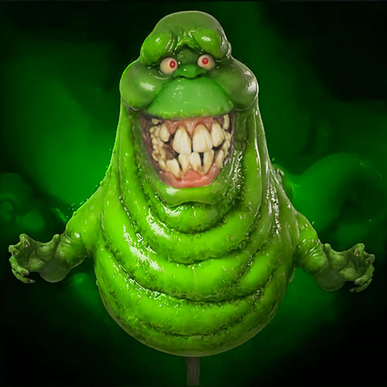 a close up, photograph, masterpiece of a green creature face perfectly defined, with a toothy smile, slimmer, ghostbusters character, 90s CGI, slimy and gelatinous slimy, gelatinous with a smile, grimace, fat and ripped creature, slime monster
