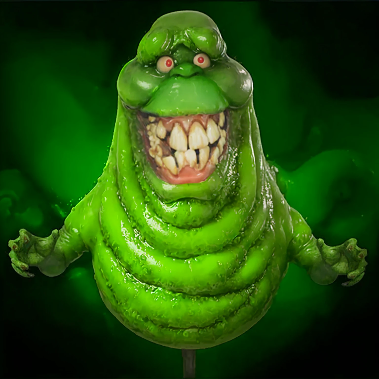 a close up, photograph, masterpiece of a green creature face perfectly defined, with a toothy smile, slimmer, ghostbusters character, 90s CGI, slimy and gelatinous slimy, gelatinous with a smile, grimace, fat and ripped creature, slime monster