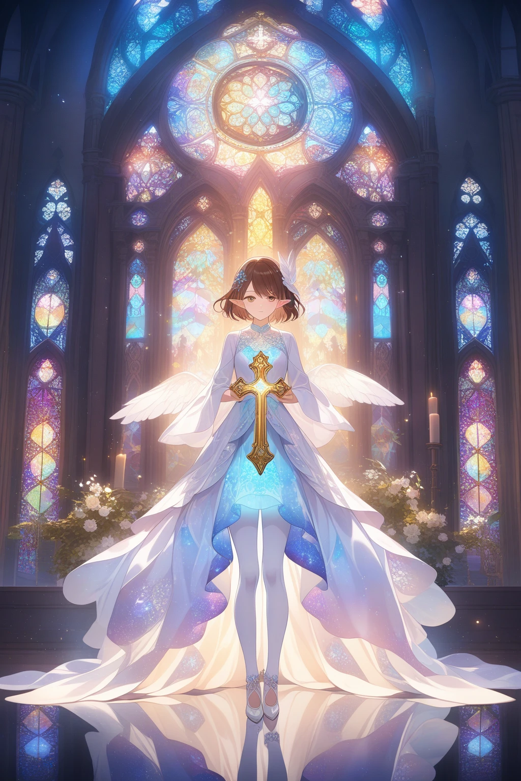 1girl ,20s,brown hair,short hair,white high heels,white pantyhose,pointy ears,church, stained glass, in a glowing dress, fantastical, illuminated, serene, majestic, colorful, reflective, ethereal, spiritual, tranquil, vibrant, intricate, patterned, ornate, mystical, elegant, shimmering, radiant, graceful, peaceful, historic, sacred, artistic, dreamy, whimsical, solemn, enchanting, divine, holding a crucifix with both hands