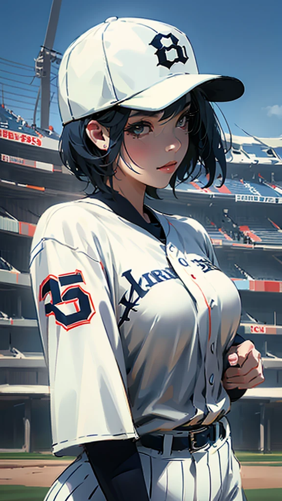 Baseball cap、Close-up of face、Subjective、Stadium、Shortcuts、Baseball uniform、Large Breasts。