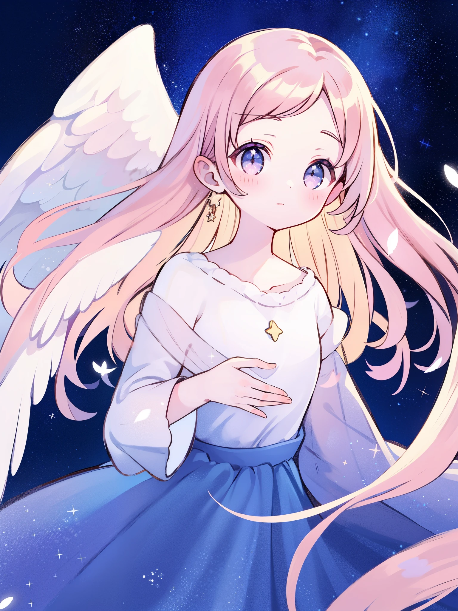 angel girl wearing an ethereal translucent dress, pale skin and light pink hair, white feathers, angel wings, sparkling detailed eyes, golden ratio face, perfect composition, highly detailed, ethereal, (starry night sky background), midjourney style