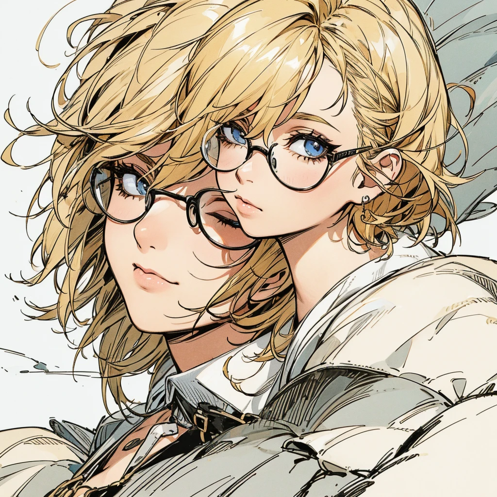A pretty girl with short blonde hair and glasses