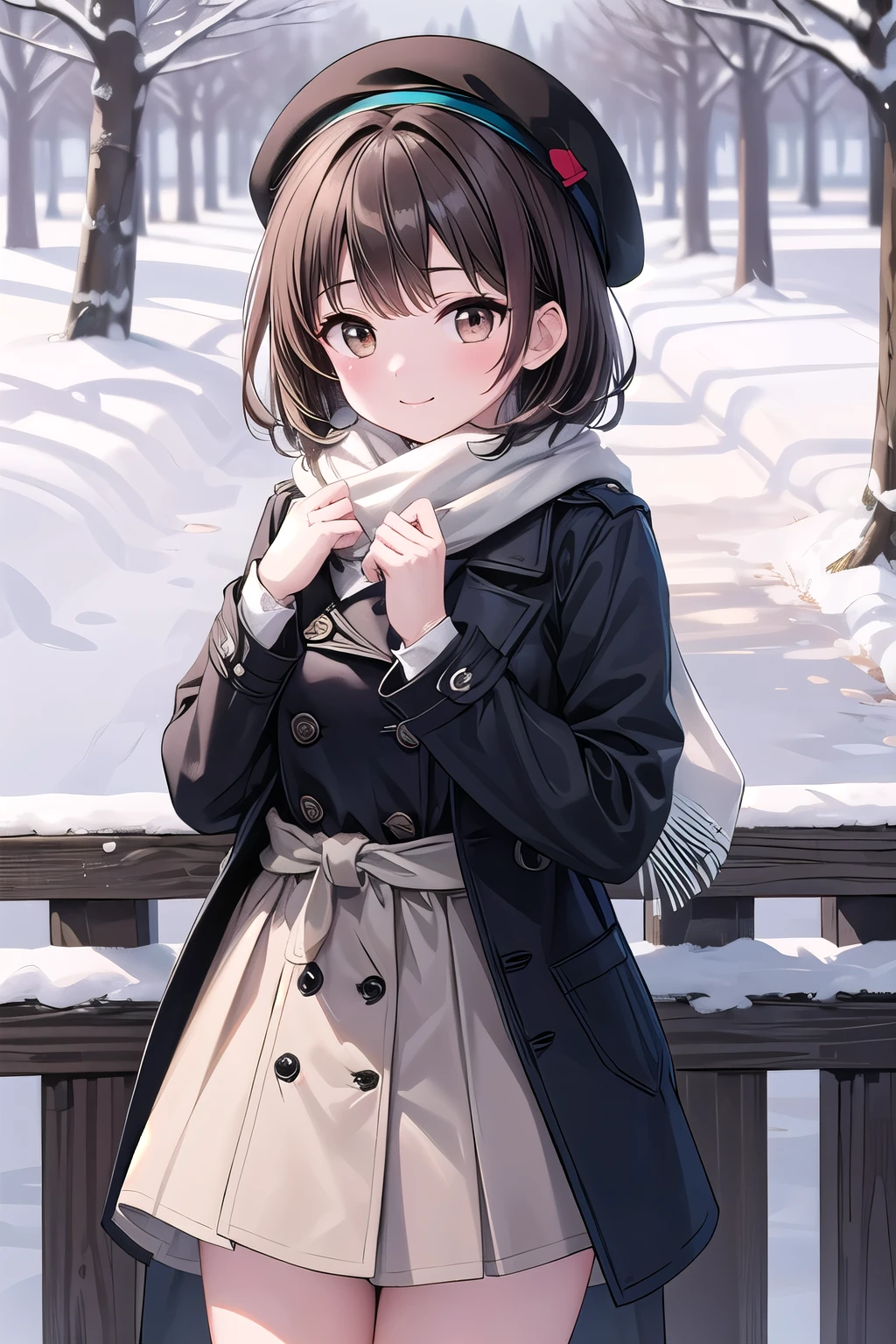 solo girl, 20 years old,medium hair, dark brown hair, brown eyes, medium sized , be happy,pea coat,beret hat,fluffy scarf,maxi skirt ,outdoor, winter,snow, best quality, high resolution, very detailed, Detailed background, perfect light