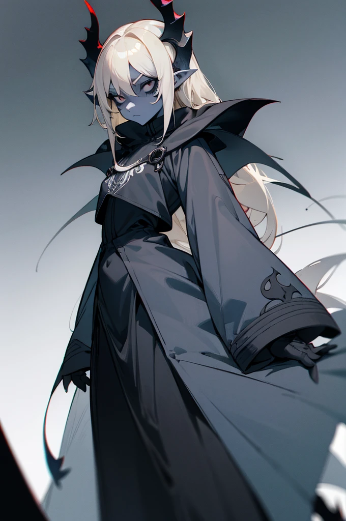 1girl, tan skin, (pale blonde hair), spider girl, all black eyes, demonic, clothing design, tomboy, standing, black and grey clothing, blue accent color, chill expression, blank white background