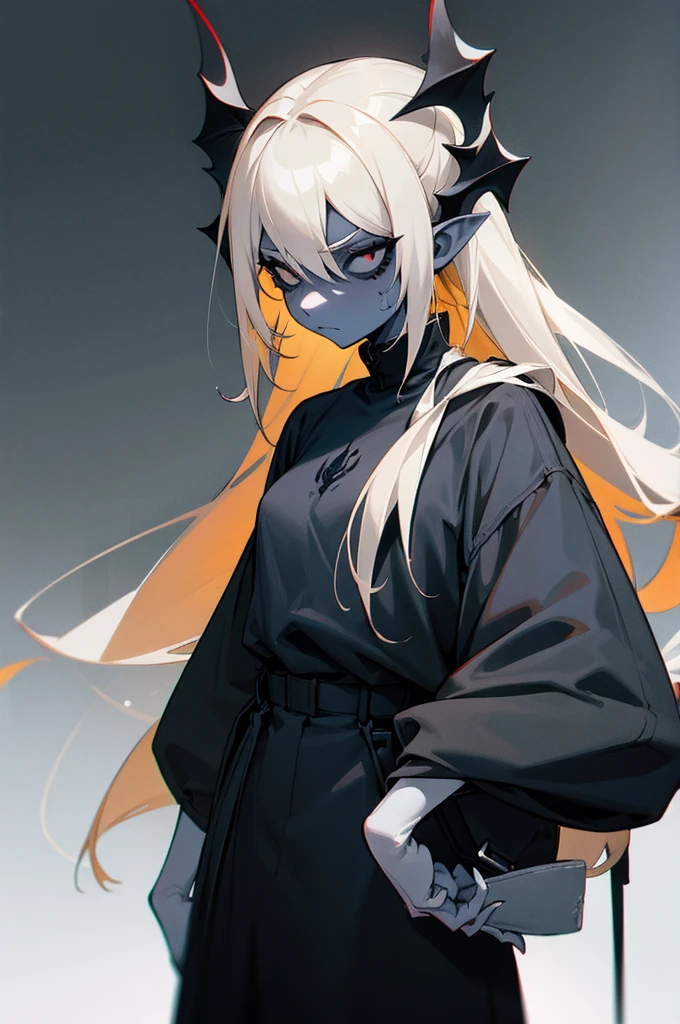 1girl, tan skin, (pale blonde hair), spider girl, all black eyes, demonic, clothing design, tomboy, standing, black and grey clothing, blue accent color, chill expression, blank white background