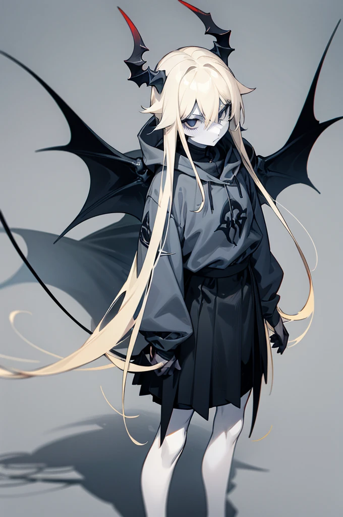 1girl, tan skin, (pale blonde hair), spider girl, all black eyes, demonic, clothing design, tomboy, standing, black and grey clothing, blue accent color, chill expression, blank white background