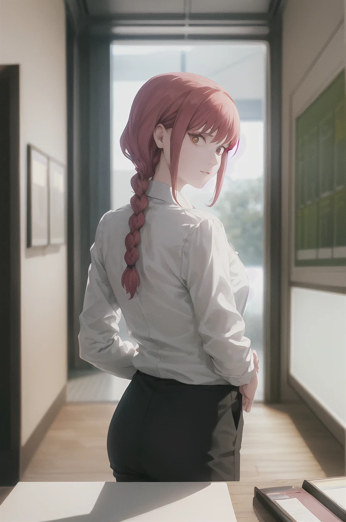 masterpiece, best quality, ultra-detailed, Potrait of beautiful MakimaCSM, solo, shirt, long_sleeves, white_shirt, collared_shirt, pants, from_behind, arms_behind_back, black_pants, formal, suit, arm_behind_back, shirt_tucked_in, facing_away, office_lady, business_suit, high-waist_pants, volumetric lighting, best quality, masterpiece, intricate details, tonemapping, sharp focus, hyper detailed, trending on Artstation, 