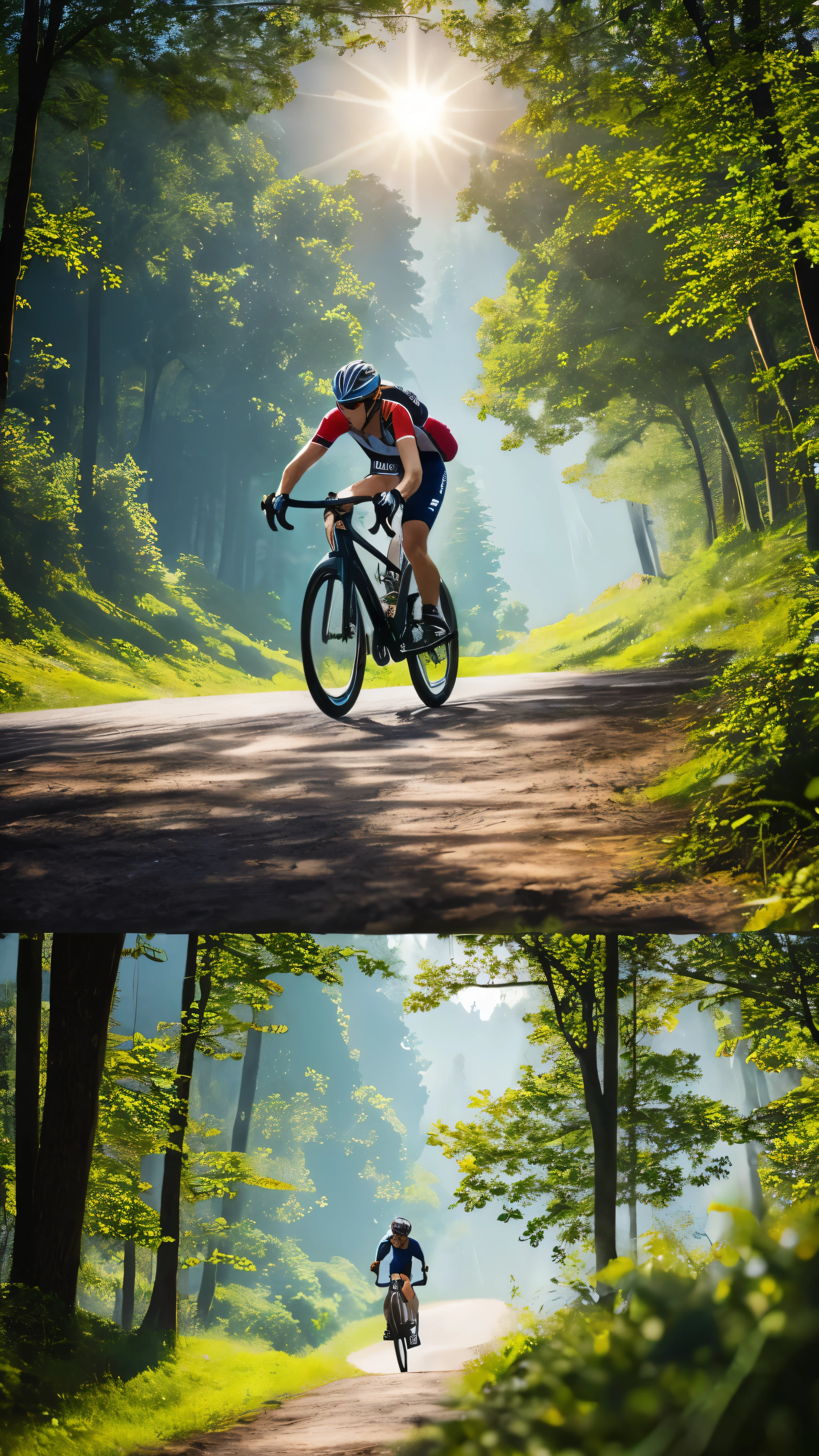 with high definition images,(bike:1.5)、(リアリスティックbike:1.5)、(Realistic Cyclist:1.5)、Cyclist in the foreground、Lo-fi landscape、nature、sun、forest、Clearing、undergrowth、Landscape Background、Shadow、contrast、Xin Haicheng (Highest quality:1.3)、(High resolution:1) art:Studio Ghibli Style、Bright colors、Impressionism
