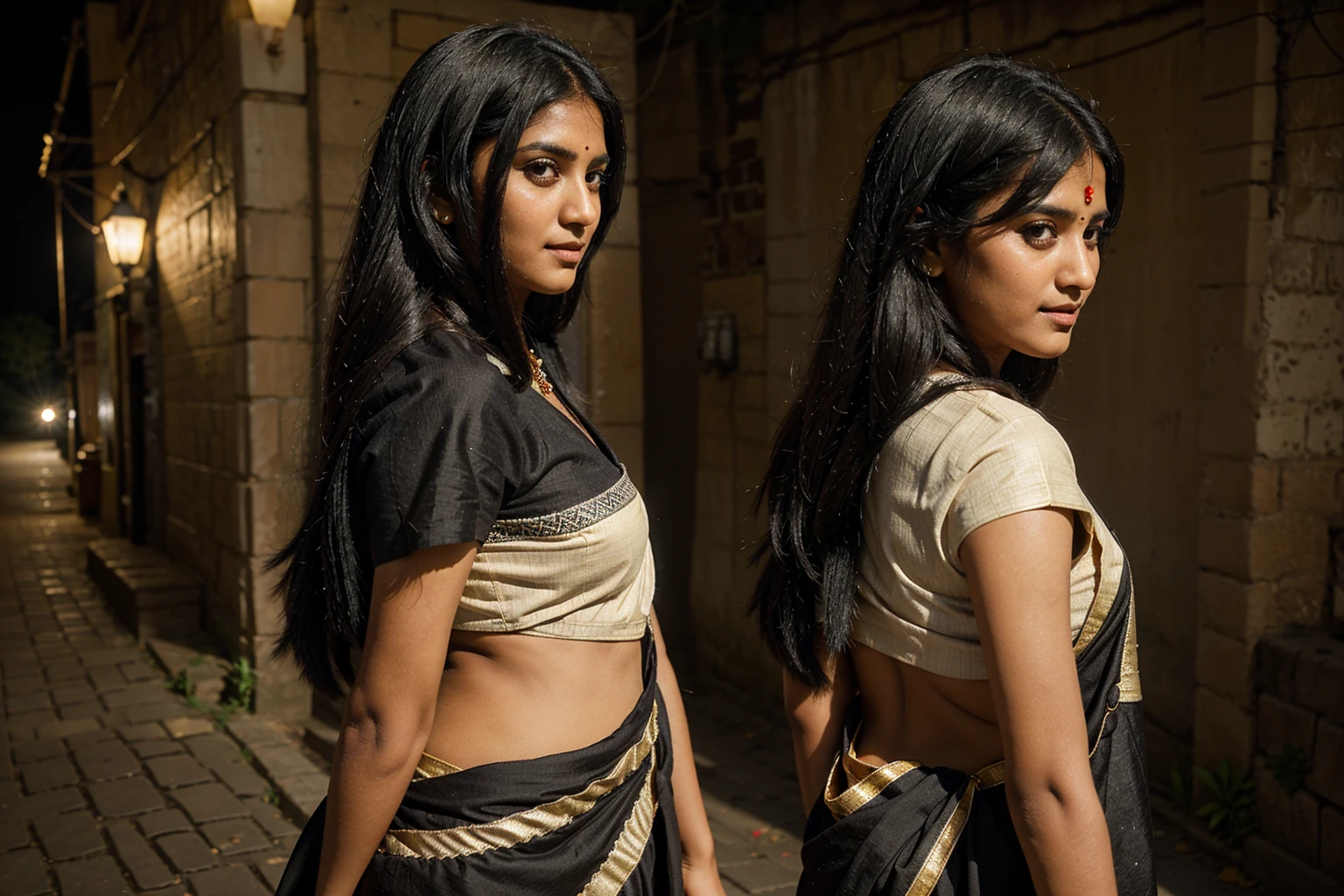 A indian gril black hair traditional dress in moharastro waking a road