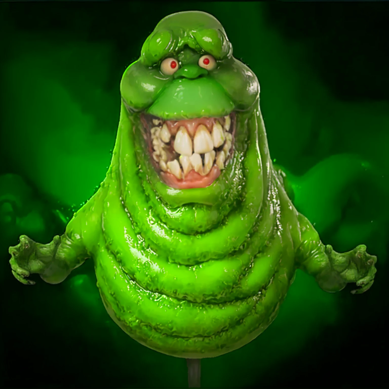 a close up, photograph, masterpiece of a green creature face perfectly defined, with a toothy smile, slimmer, ghostbusters character, 90s CGI, slimy and gelatinous slimy, gelatinous with a smile, grimace, fat and ripped creature, slime monster