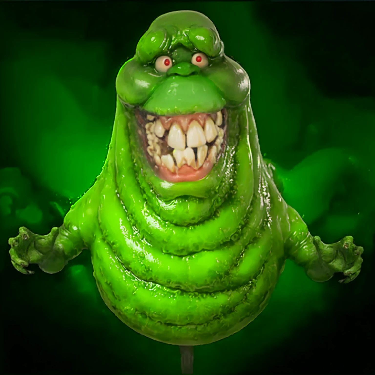 a close up, photograph, masterpiece of a green creature face perfectly defined, with a toothy smile, slimmer, ghostbusters character, 90s CGI, slimy and gelatinous slimy, gelatinous with a smile, grimace, fat and ripped creature, slime monster