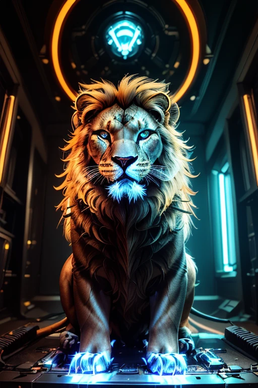 a cyberpunk lion, futuristic cyborg lion, mechanical lion, metal lion, robotic feline, intricate machinery, glowing eyes, neon lights,  , dark moody atmosphere, dynamic composition, cinematic lighting, vibrant colors, digital art, 8k, high quality, masterpiece, photorealistic