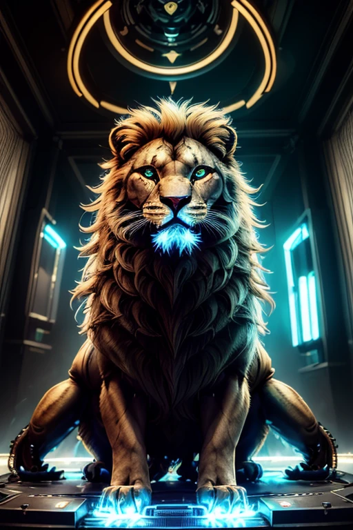a cyberpunk lion, futuristic cyborg lion, mechanical lion, metal lion, robotic feline, intricate machinery, glowing eyes, neon lights, , dark moody atmosphere, dynamic composition, cinematic lighting, vibrant colors, digital art, 8k, high quality, masterpiece, photorealistic