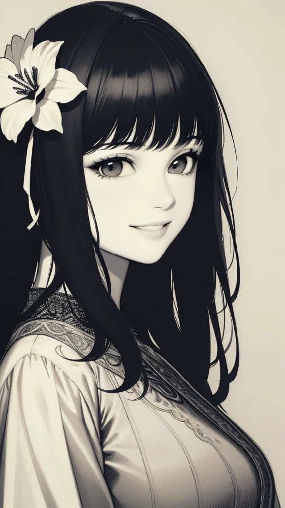 Masterpiece, best quality, (detailed background), high contrast, 1 girl, highly detailed face, wide shot portrait, smiling face, magnificent dress, looking to the sky, flower background, clean line drawings,